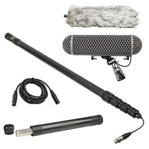 Rode boom mic available as part of our high-quality equipments on rent, perfect for professional audio capture and clear sound recording.