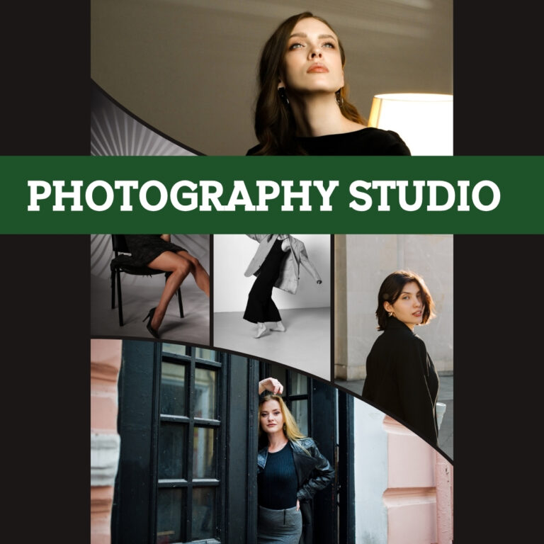 Photography studio setup with professional lighting, camera equipment, and clean background, designed for high-quality photo shoots including portraits, product shots, and creative sessions.
